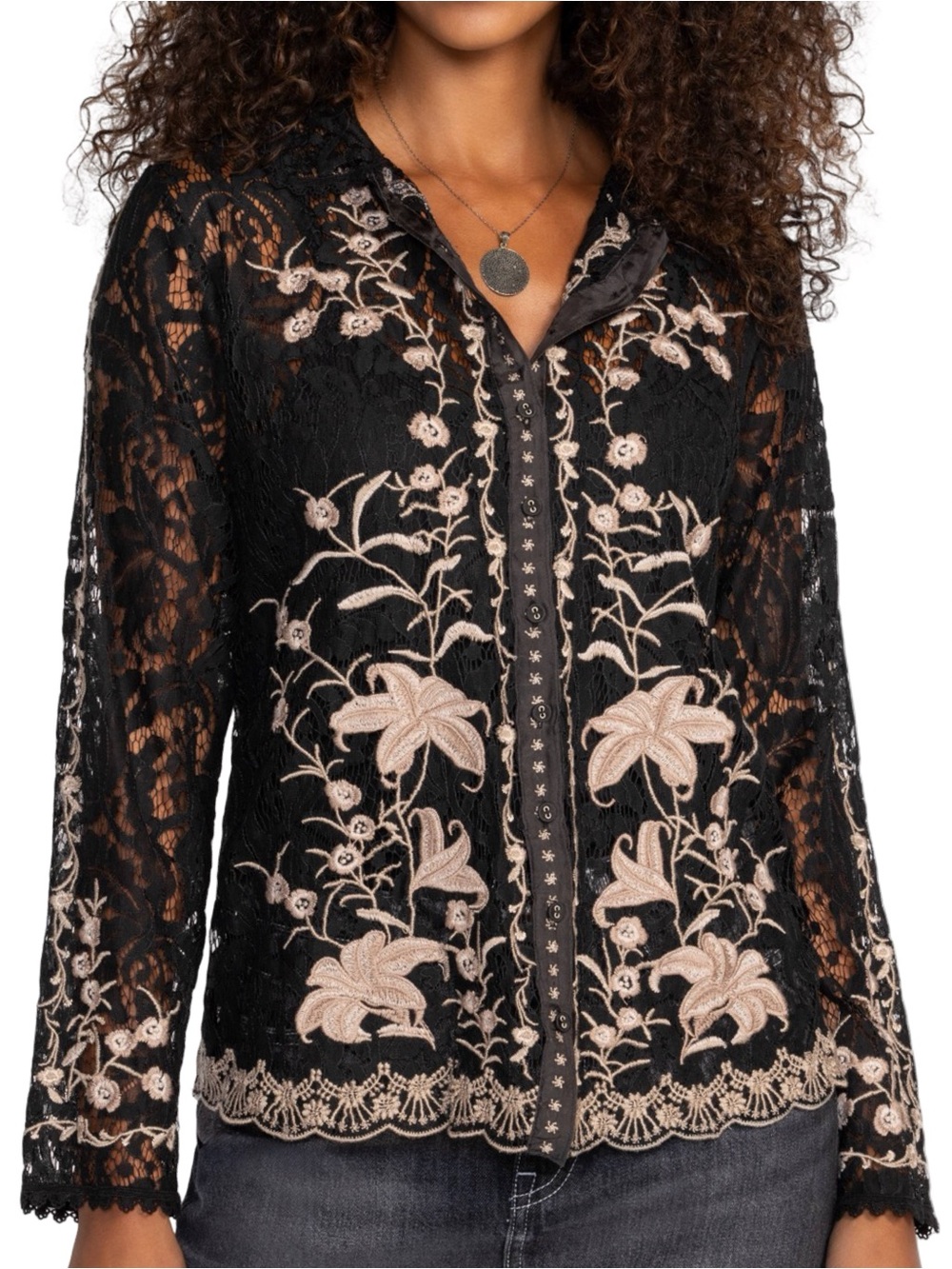 Johnny Was Biya Women’s Size S Black Cream Veronne Lace Button Down Blouse